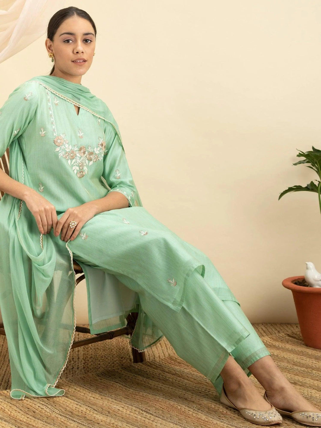 Green Embroidered Silk Suit Set - ShopLibas