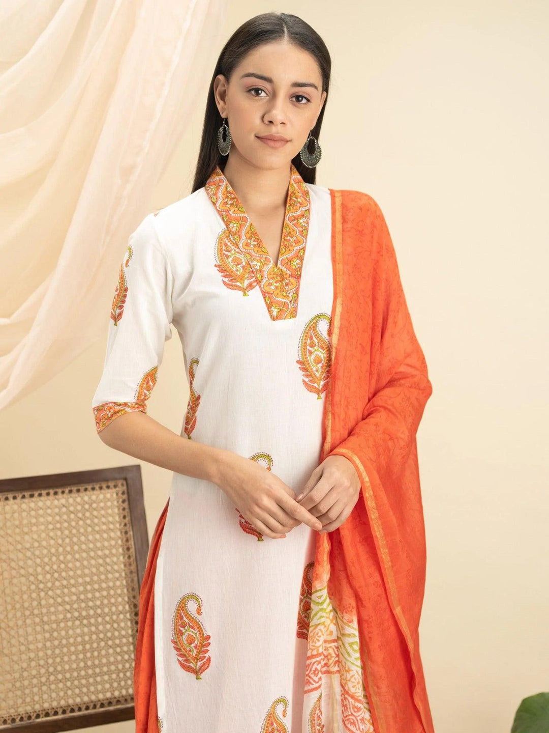 Orange Printed Cotton Suit Set - ShopLibas
