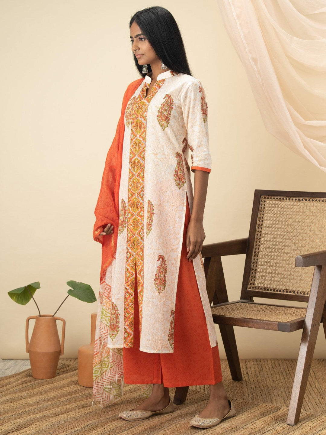 Orange Printed Cotton Suit Set - ShopLibas