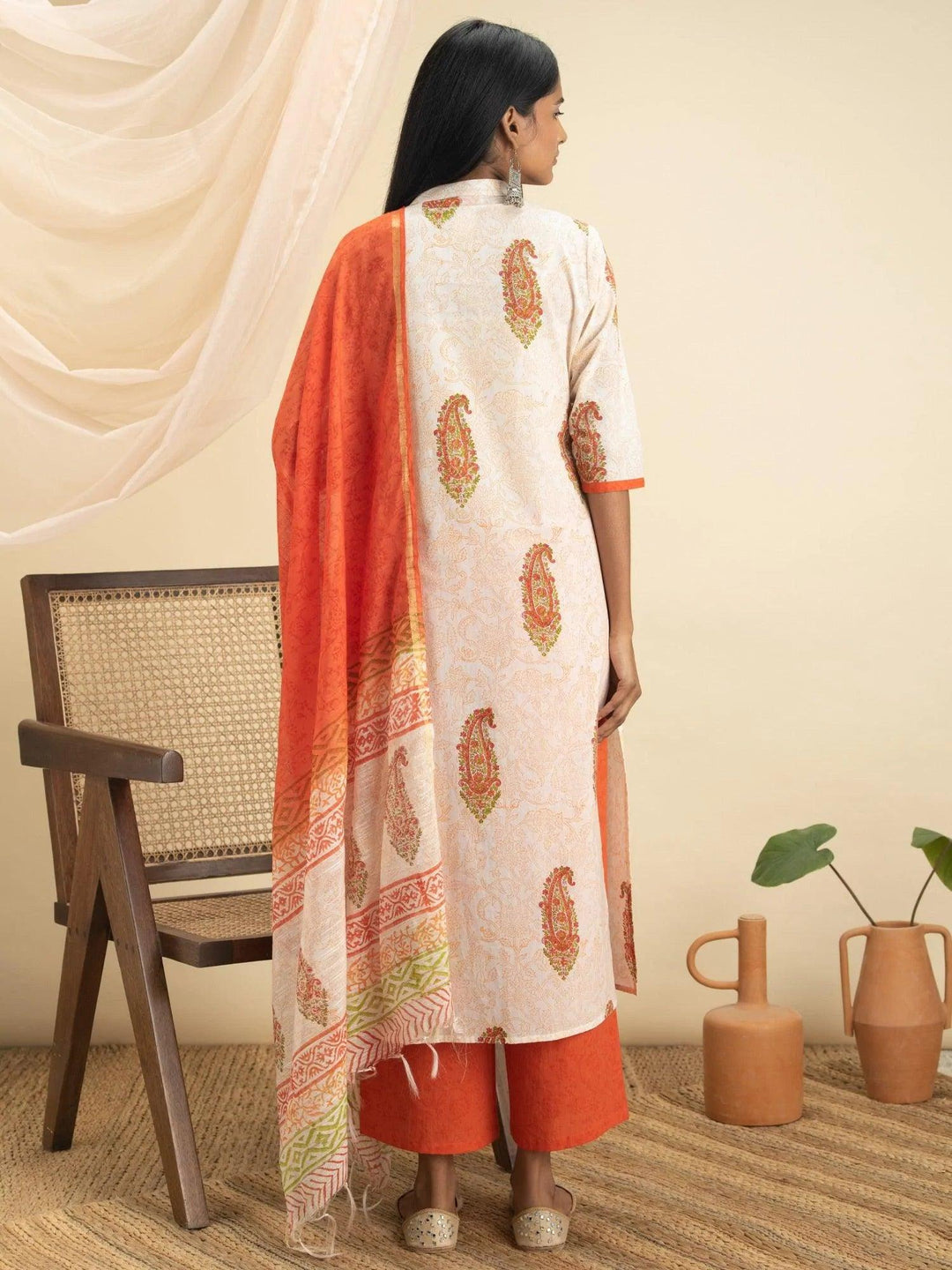 Orange Printed Cotton Suit Set - ShopLibas