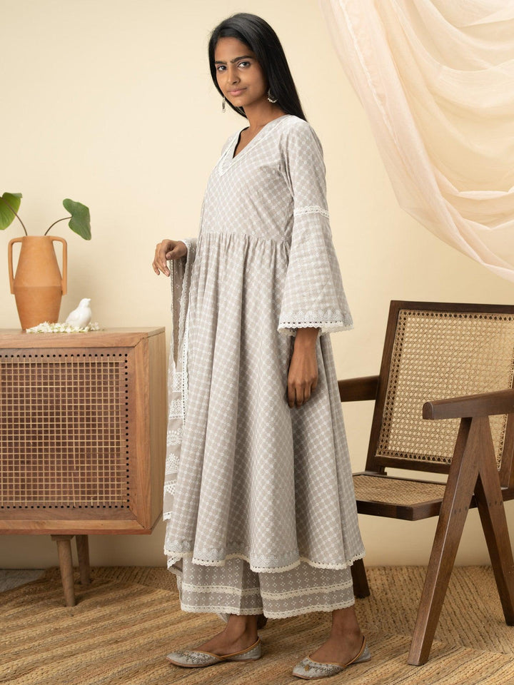 Grey Printed Cotton Suit Set