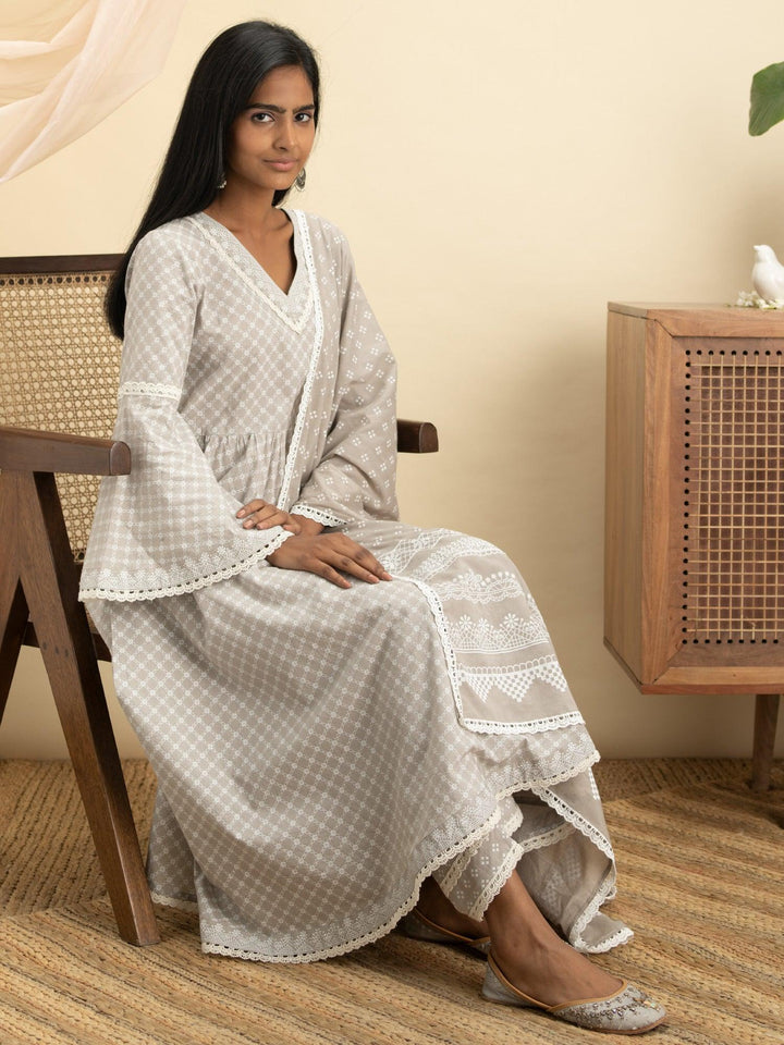 Grey Printed Cotton Suit Set