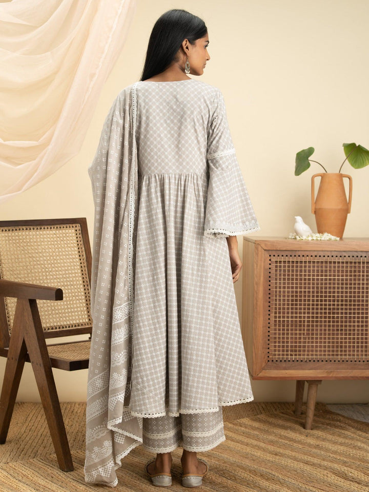 Grey Printed Cotton Suit Set