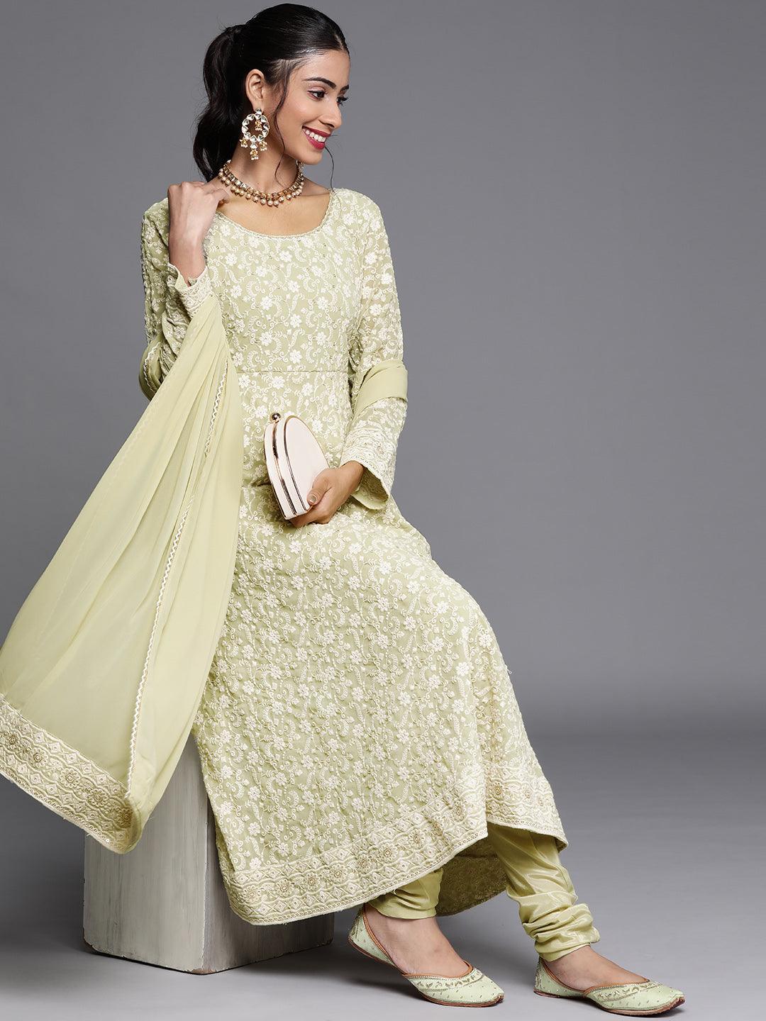 Green Embroidered Georgette Suit Set - ShopLibas