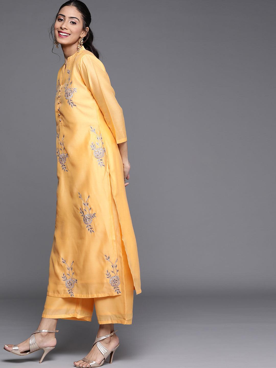 Yellow Embroidered Chanderi Silk Suit Set - ShopLibas