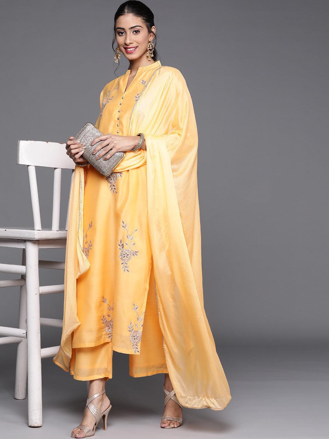 Yellow Embroidered Chanderi Silk Suit Set - ShopLibas
