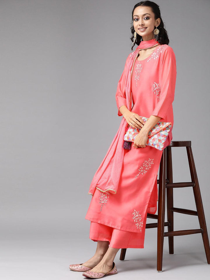 Pink Embroidered Chanderi Silk Suit Set