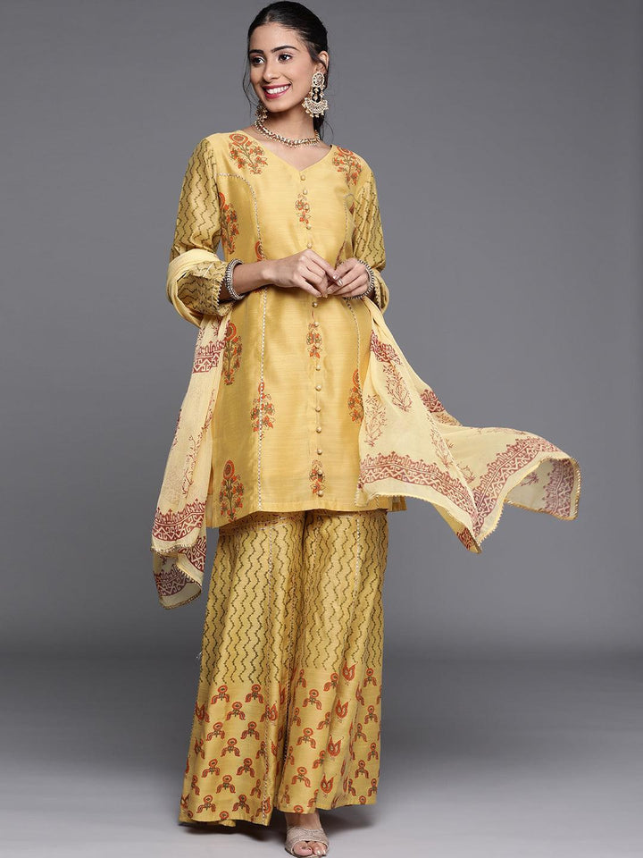 Yellow Printed Chanderi Silk Suit Set