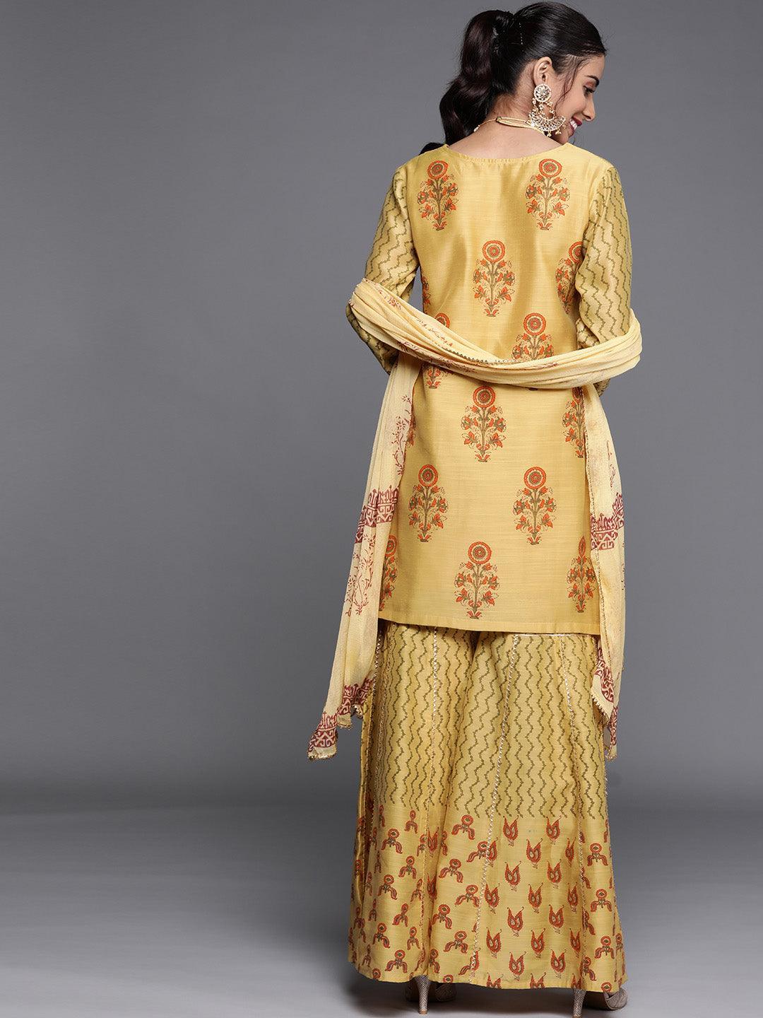 Yellow Printed Chanderi Silk Suit Set - ShopLibas