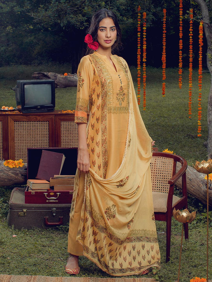 Yellow Printed Chanderi Silk Suit Set