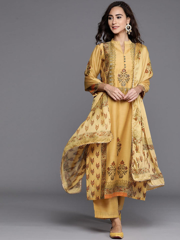 Yellow Printed Chanderi Silk Suit Set