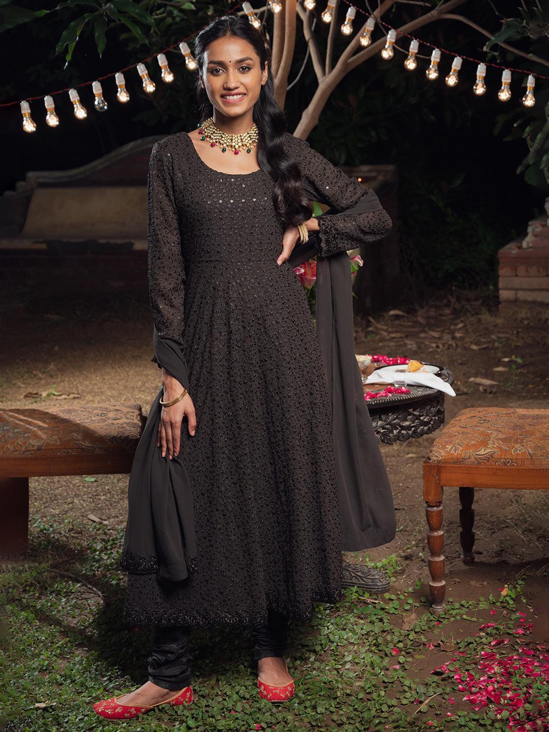 Black Embroidered Poly Georgette Suit Set - ShopLibas