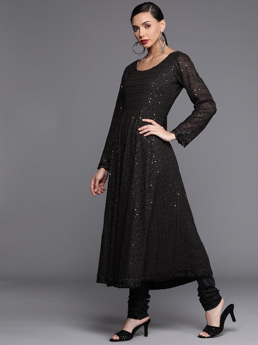 Black Embroidered Poly Georgette Suit Set - ShopLibas