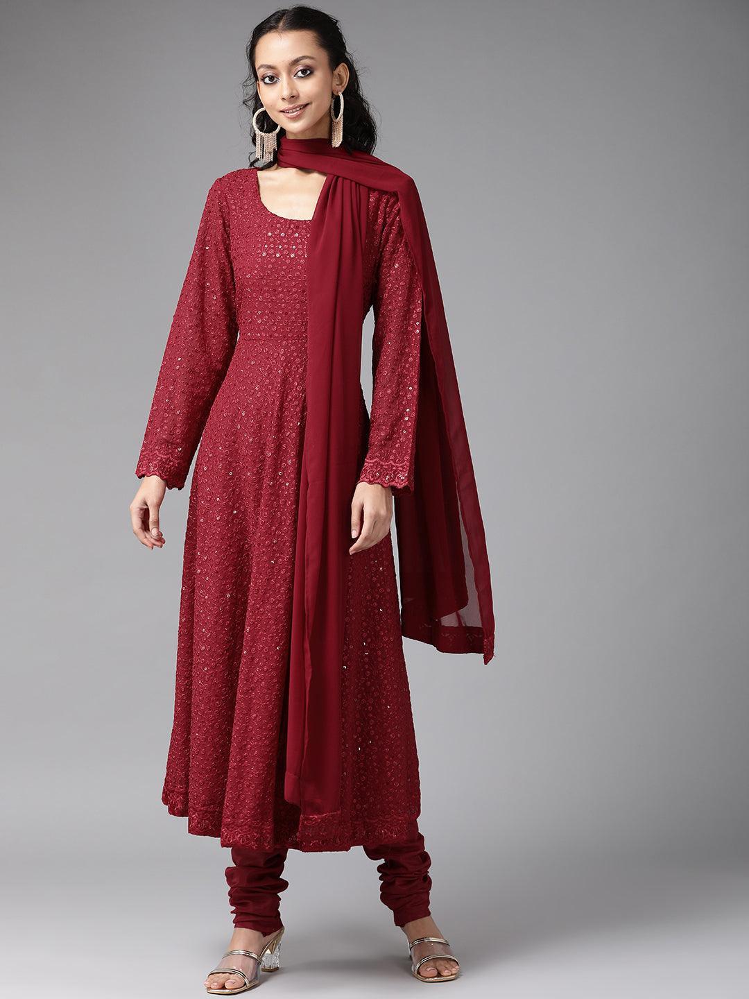 Maroon Embroidered Georgette Suit Set - ShopLibas