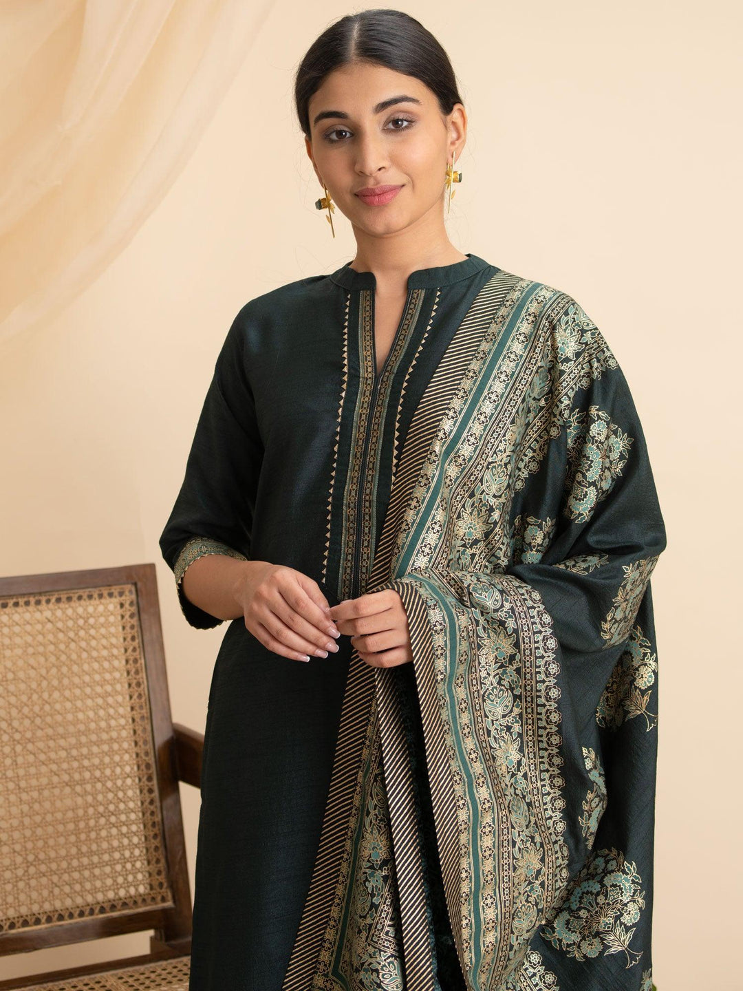 Green Solid Silk Suit Set - ShopLibas