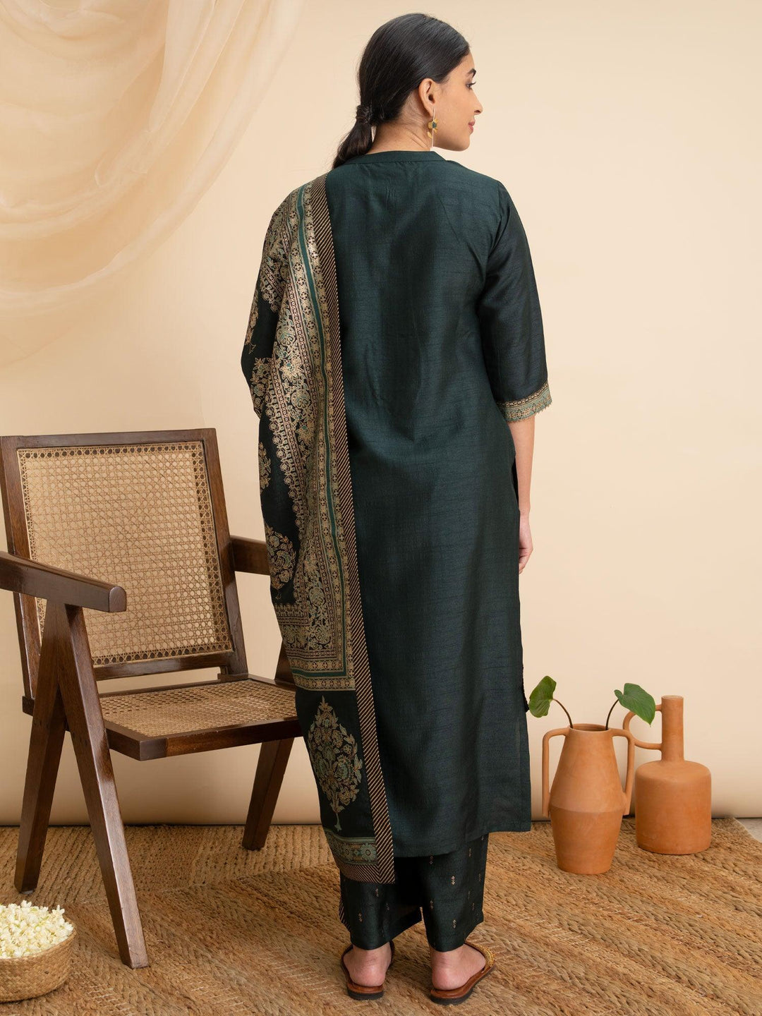 Green Solid Silk Suit Set - ShopLibas