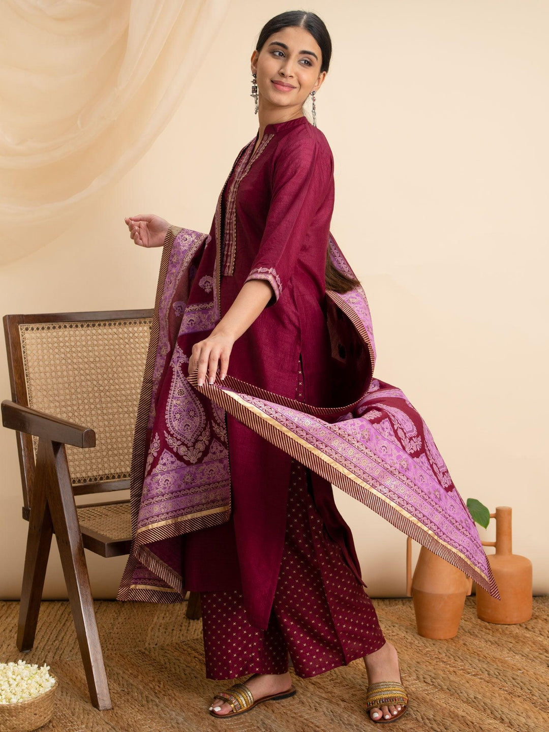 Purple Solid Silk Suit Set - ShopLibas
