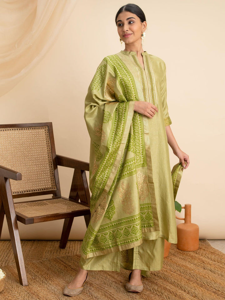 Green Solid Silk Suit Set