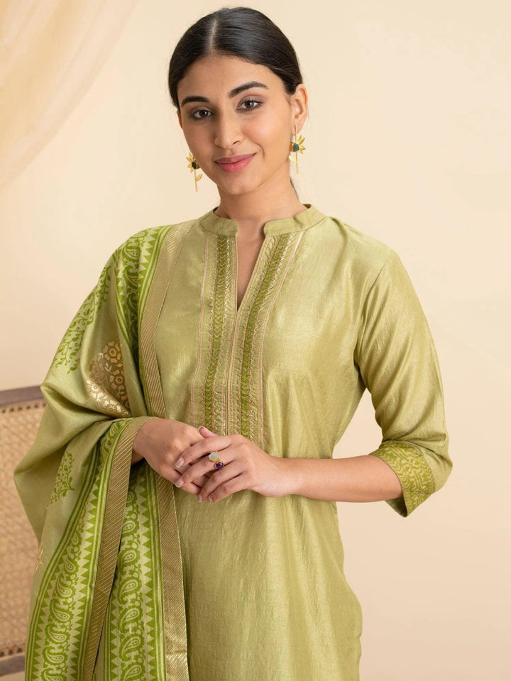 Green Solid Silk Suit Set
