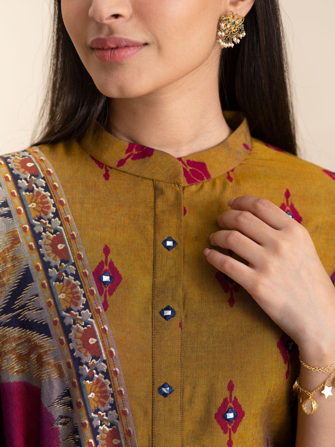 Mustard Printed Rayon Suit Set - ShopLibas
