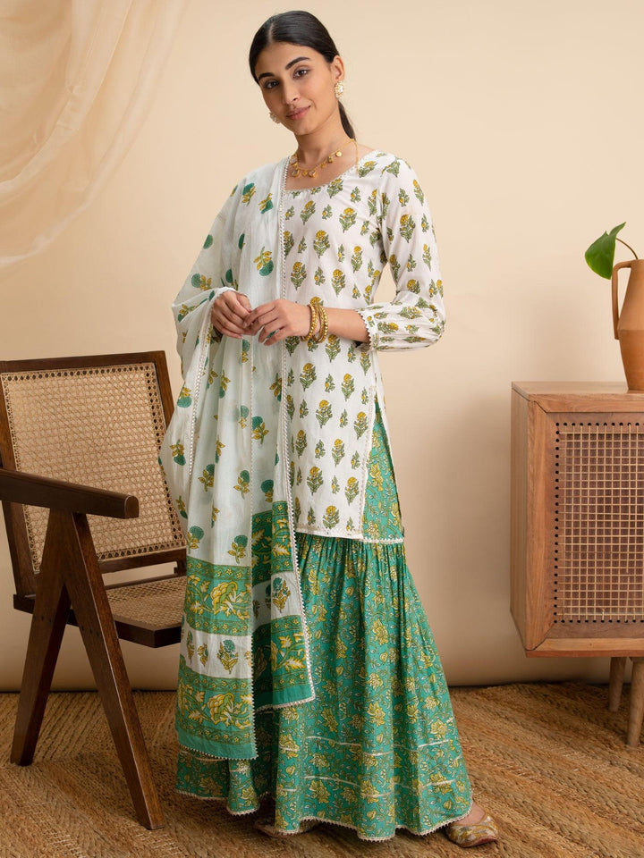 White Printed Cotton Suit Set