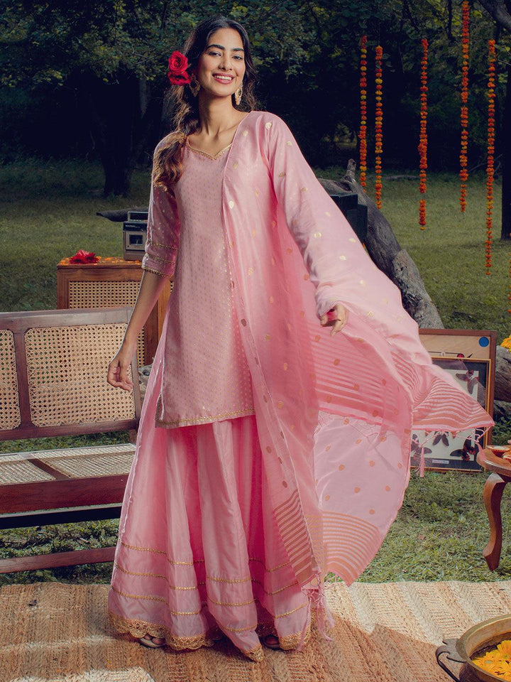 Pink Self Design Silk Suit Set