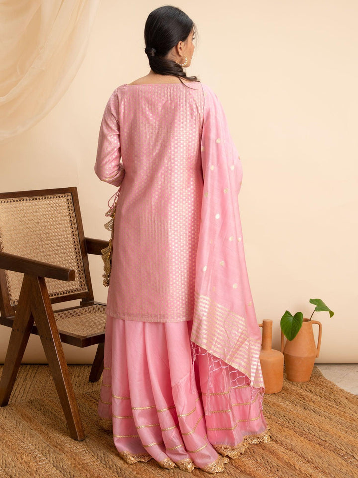 Pink Self Design Silk Suit Set