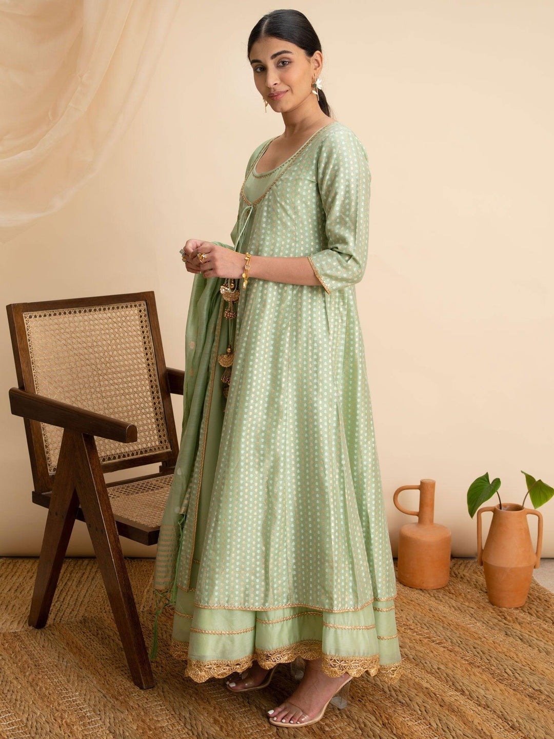 Green Self Design Silk Suit Set - ShopLibas