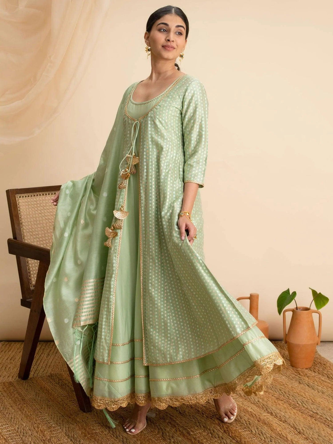 Green Self Design Silk Suit Set - ShopLibas