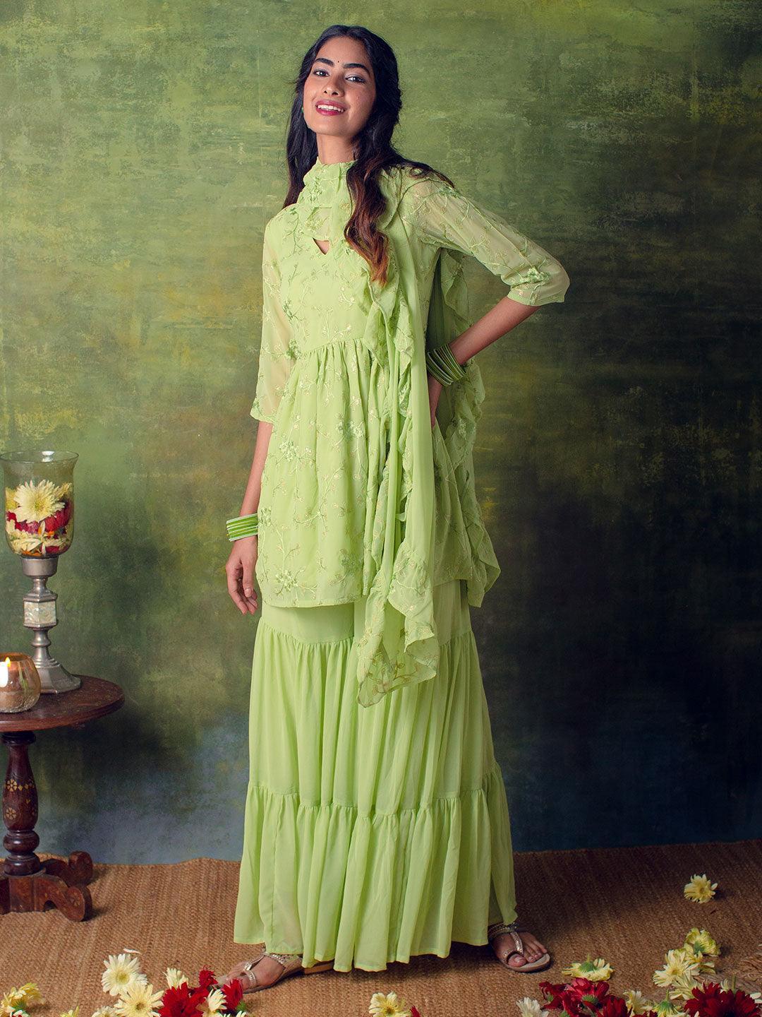 Green Embroidered Georgette Suit Set - ShopLibas