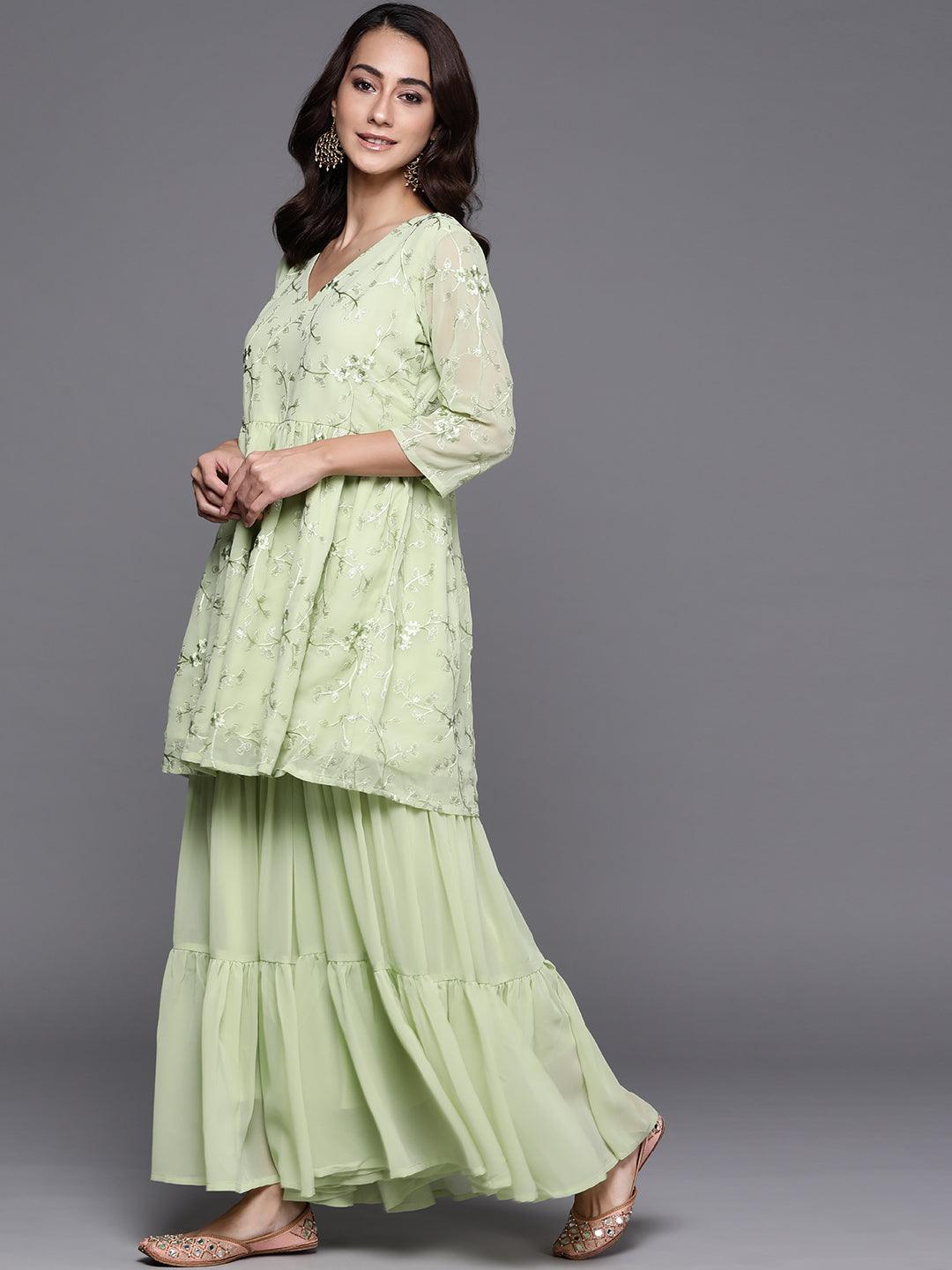 Green Embroidered Georgette Suit Set - ShopLibas