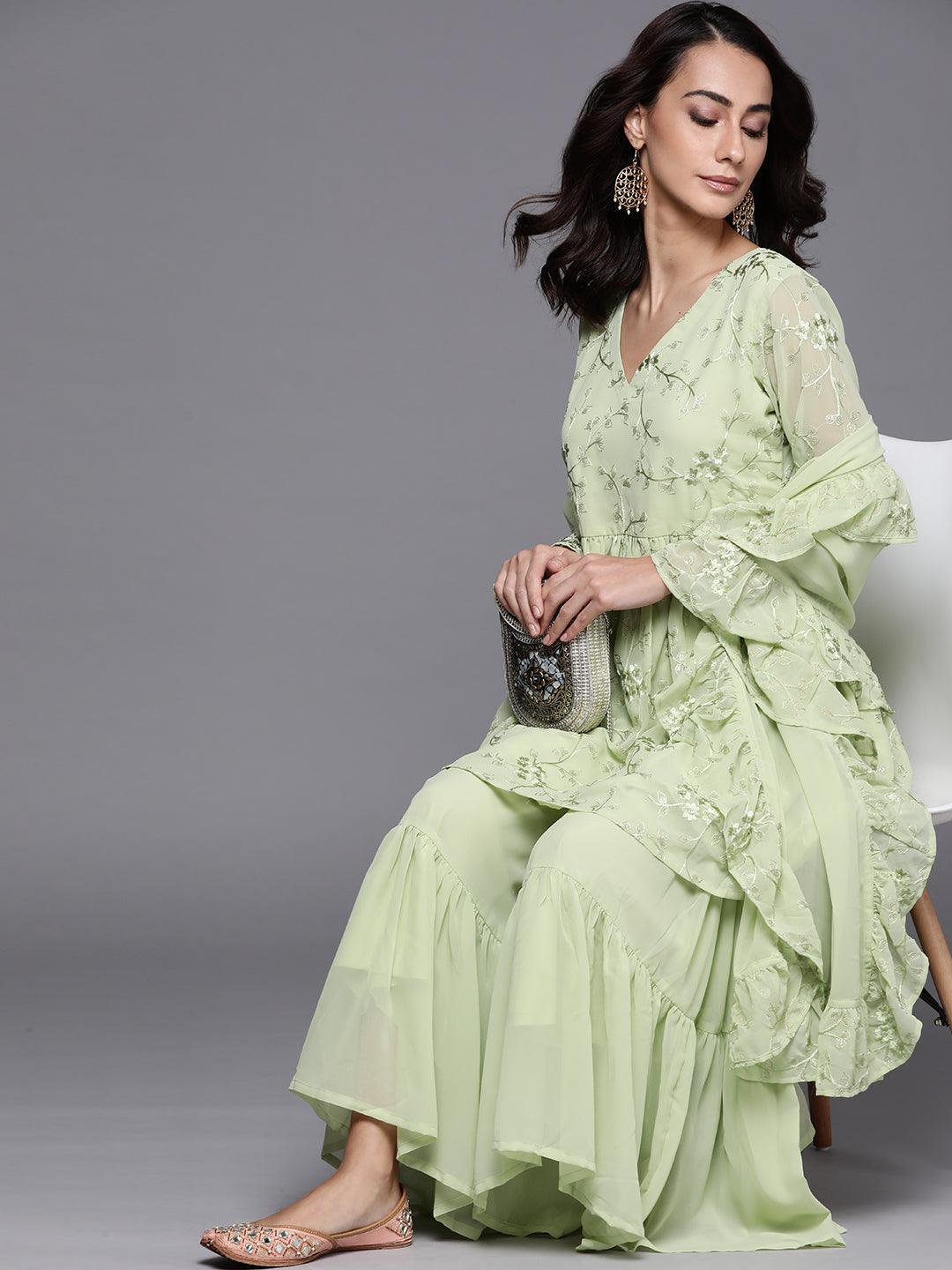 Green Embroidered Georgette Suit Set - ShopLibas