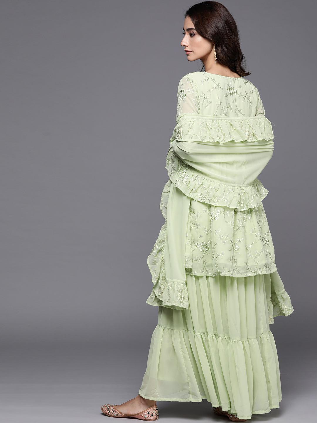 Green Embroidered Georgette Suit Set - ShopLibas