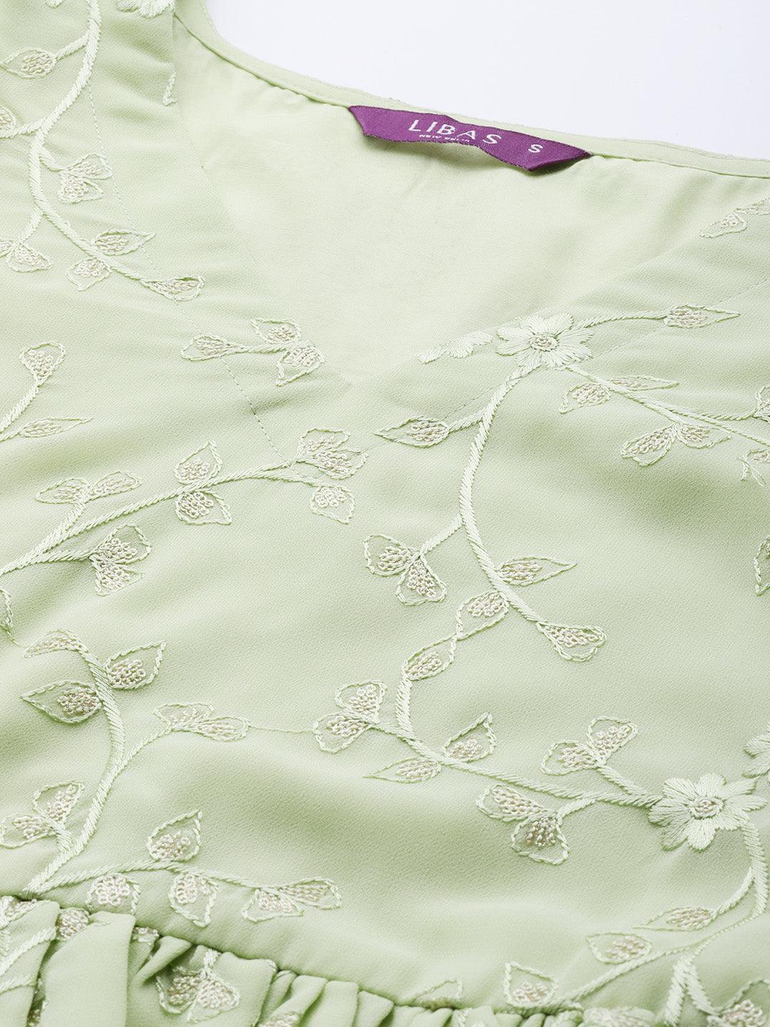 Green Embroidered Georgette Suit Set - ShopLibas