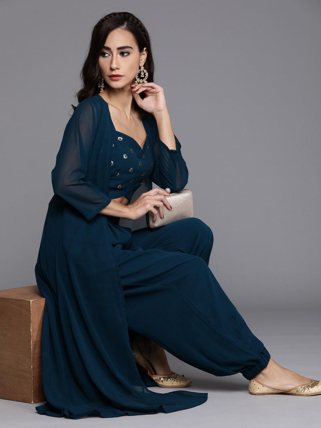 Blue Embroidered Georgette Clothing Set - ShopLibas