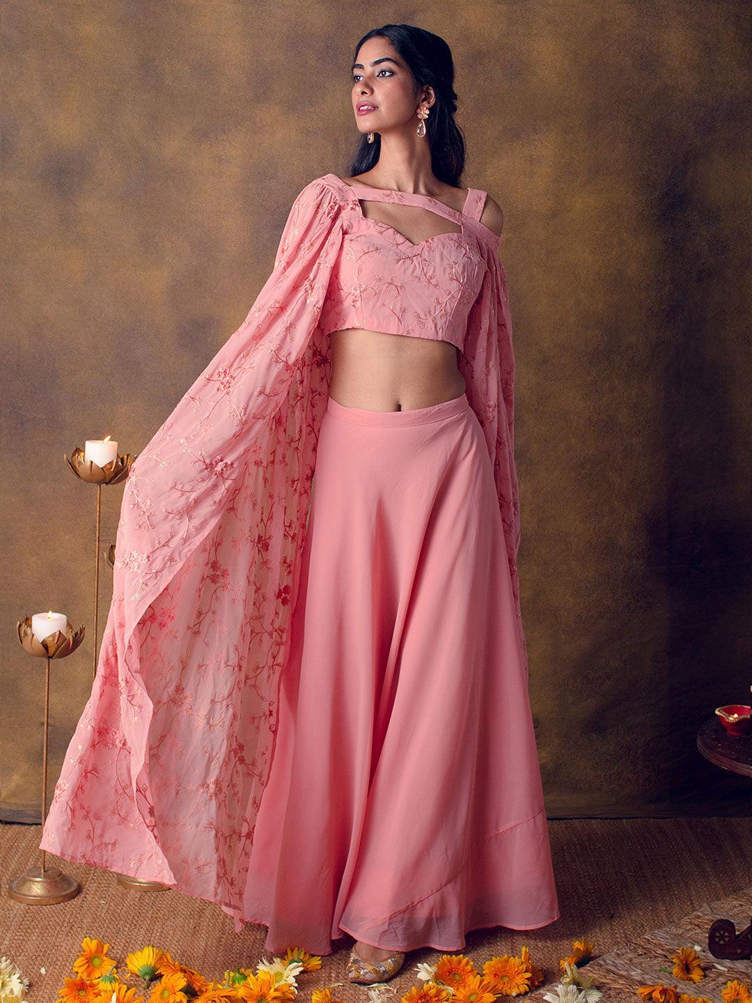 Pink Solid Georgette Lehenga Set - ShopLibas