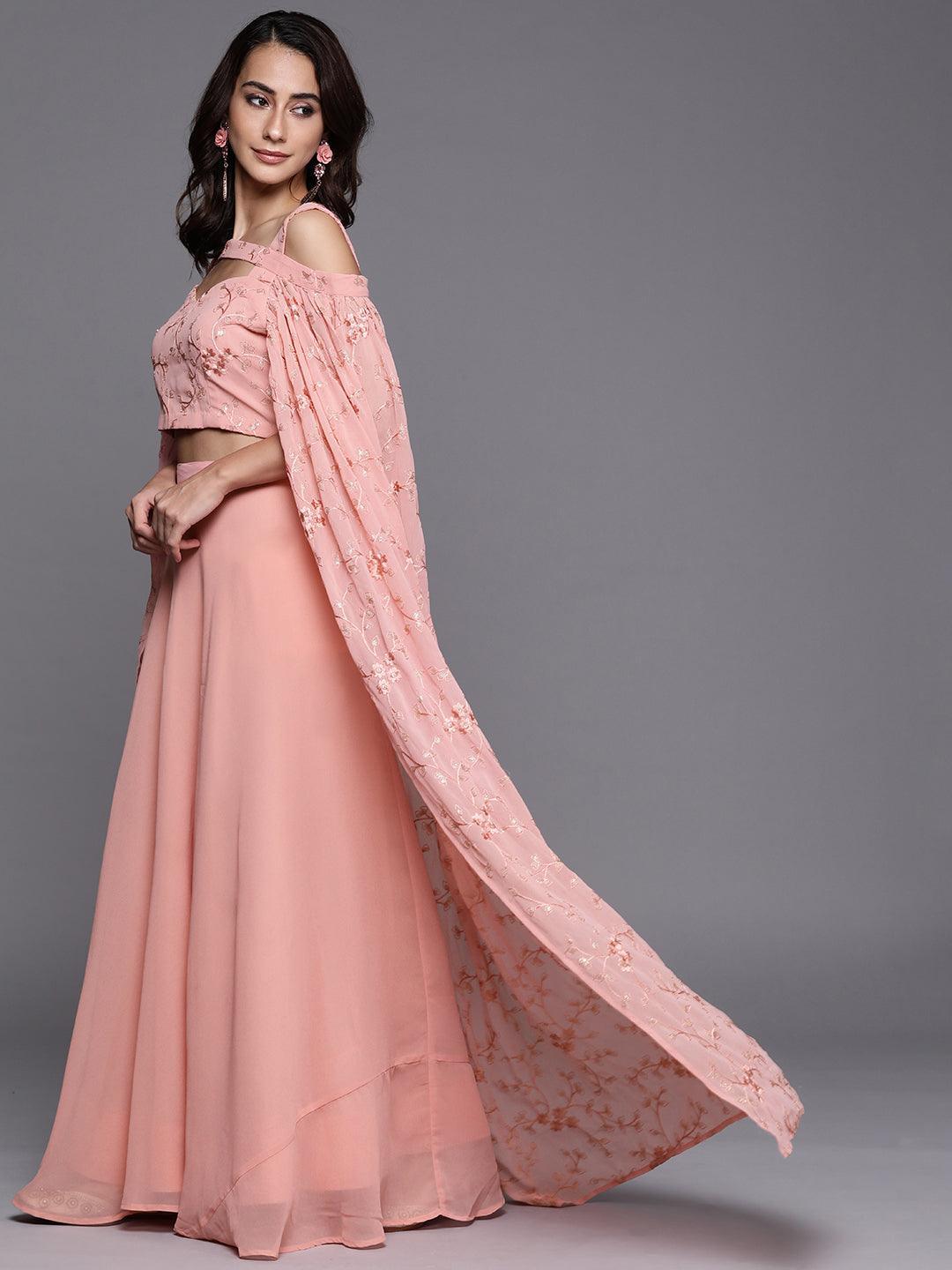 Pink Solid Georgette Lehenga Set - ShopLibas