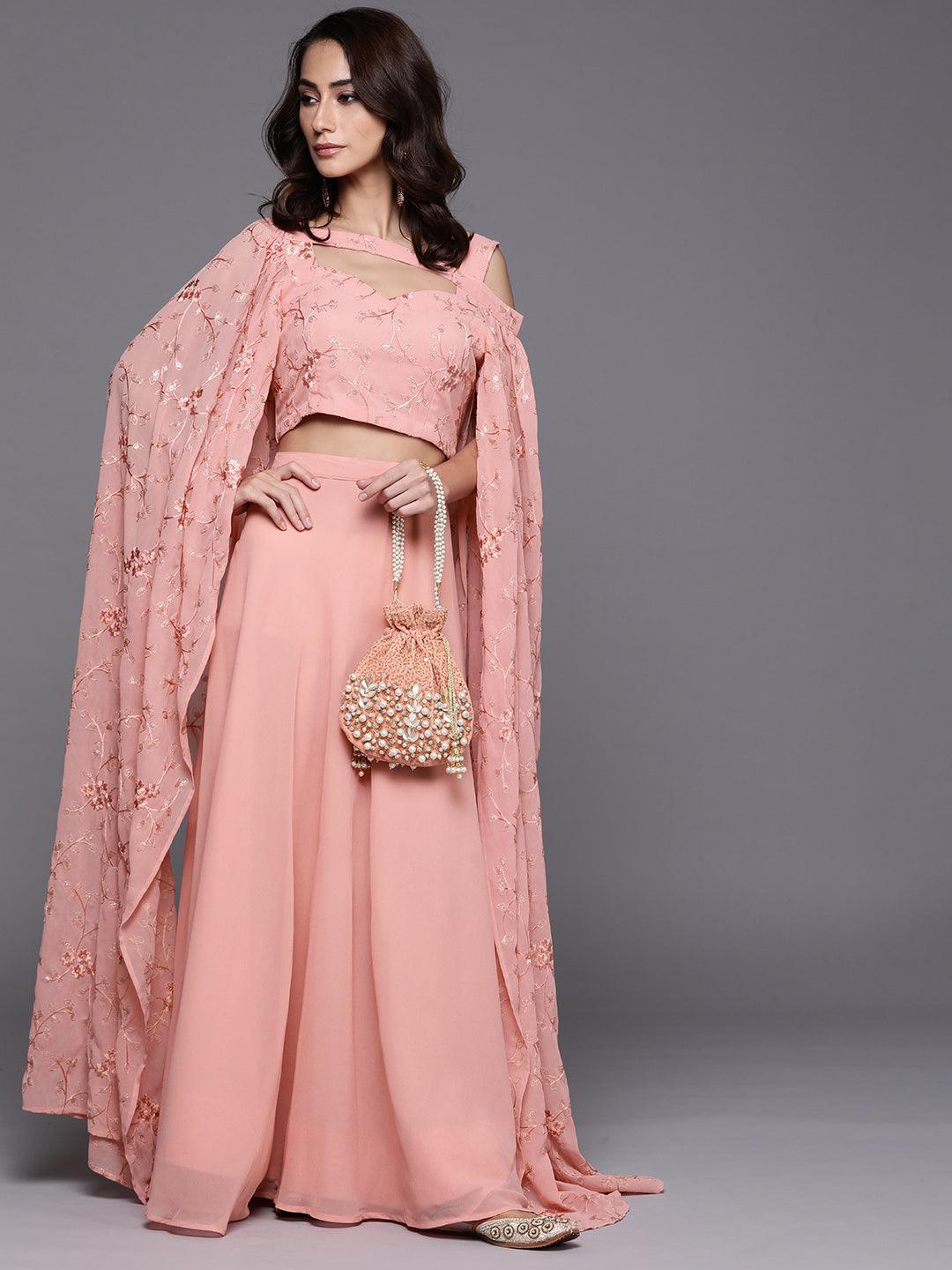 Pink Solid Georgette Lehenga Set - ShopLibas