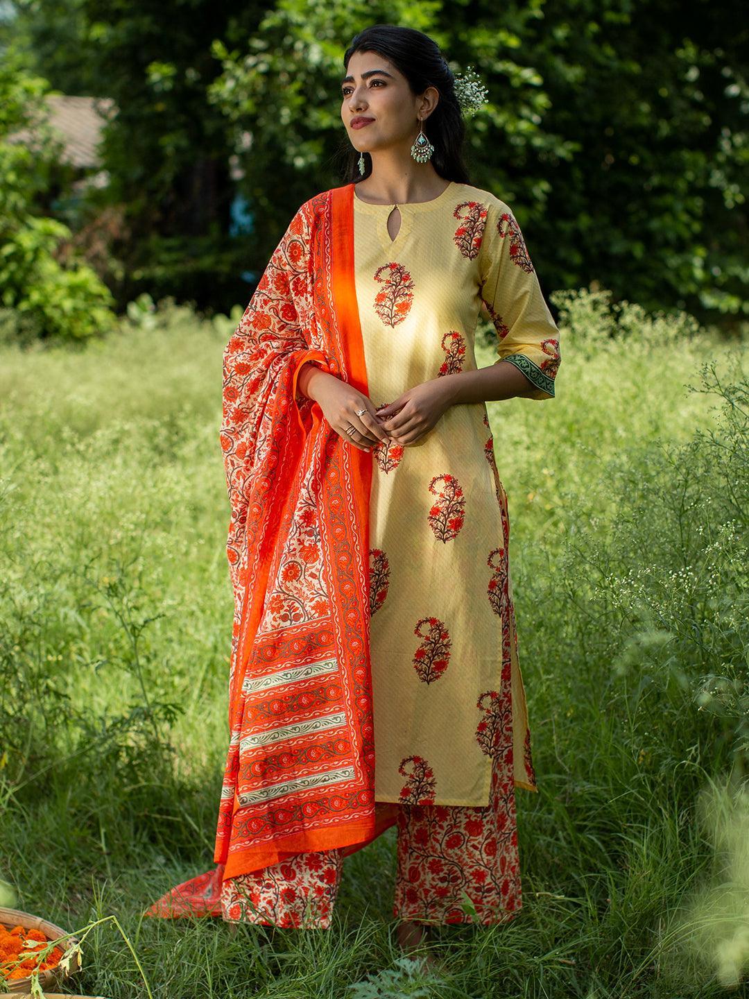 Yellow Printed Cotton Suit Set - ShopLibas