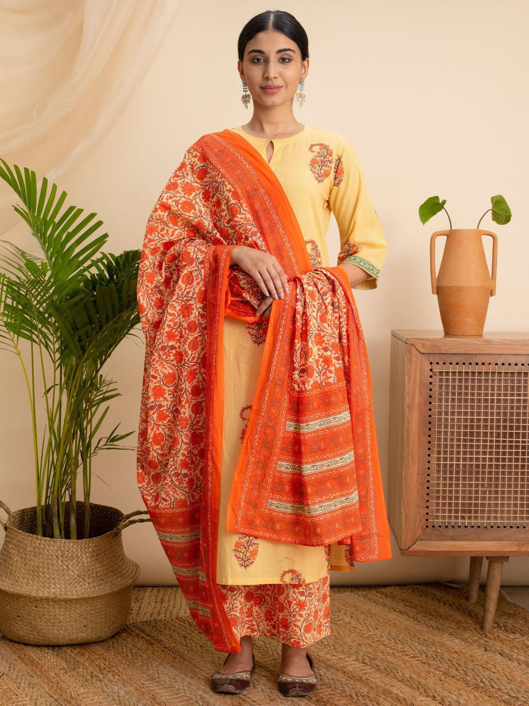 Yellow Printed Cotton Suit Set - ShopLibas