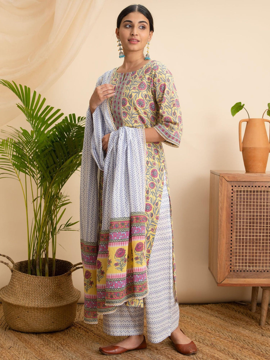 Yellow Printed Cotton Suit Set - ShopLibas