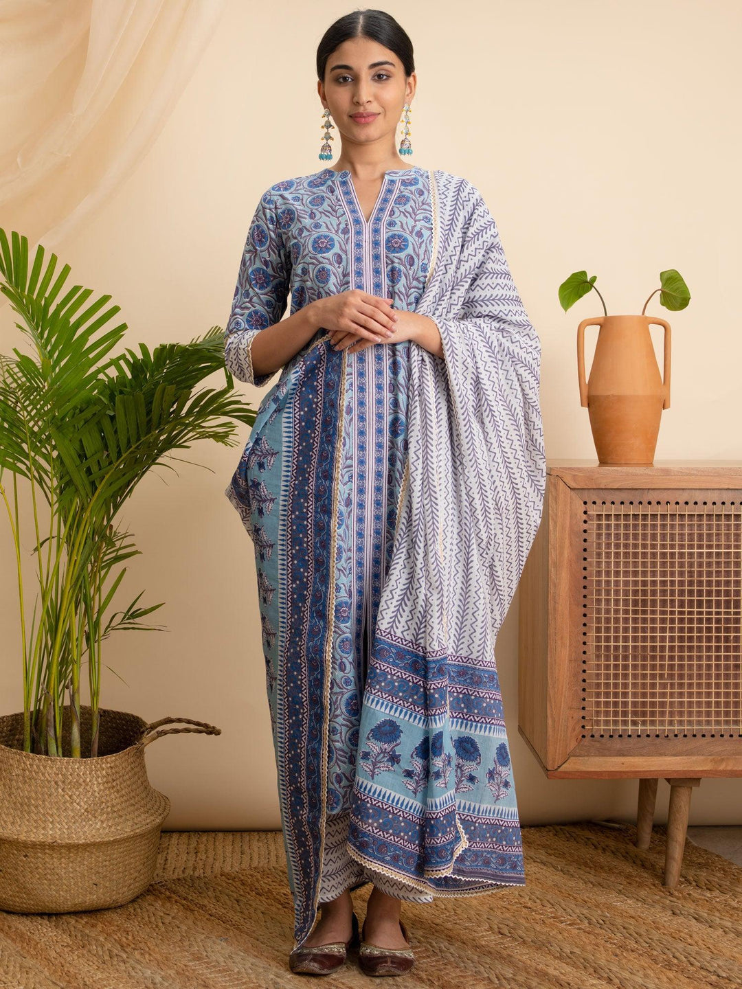 Blue Printed Cotton Suit Set - ShopLibas