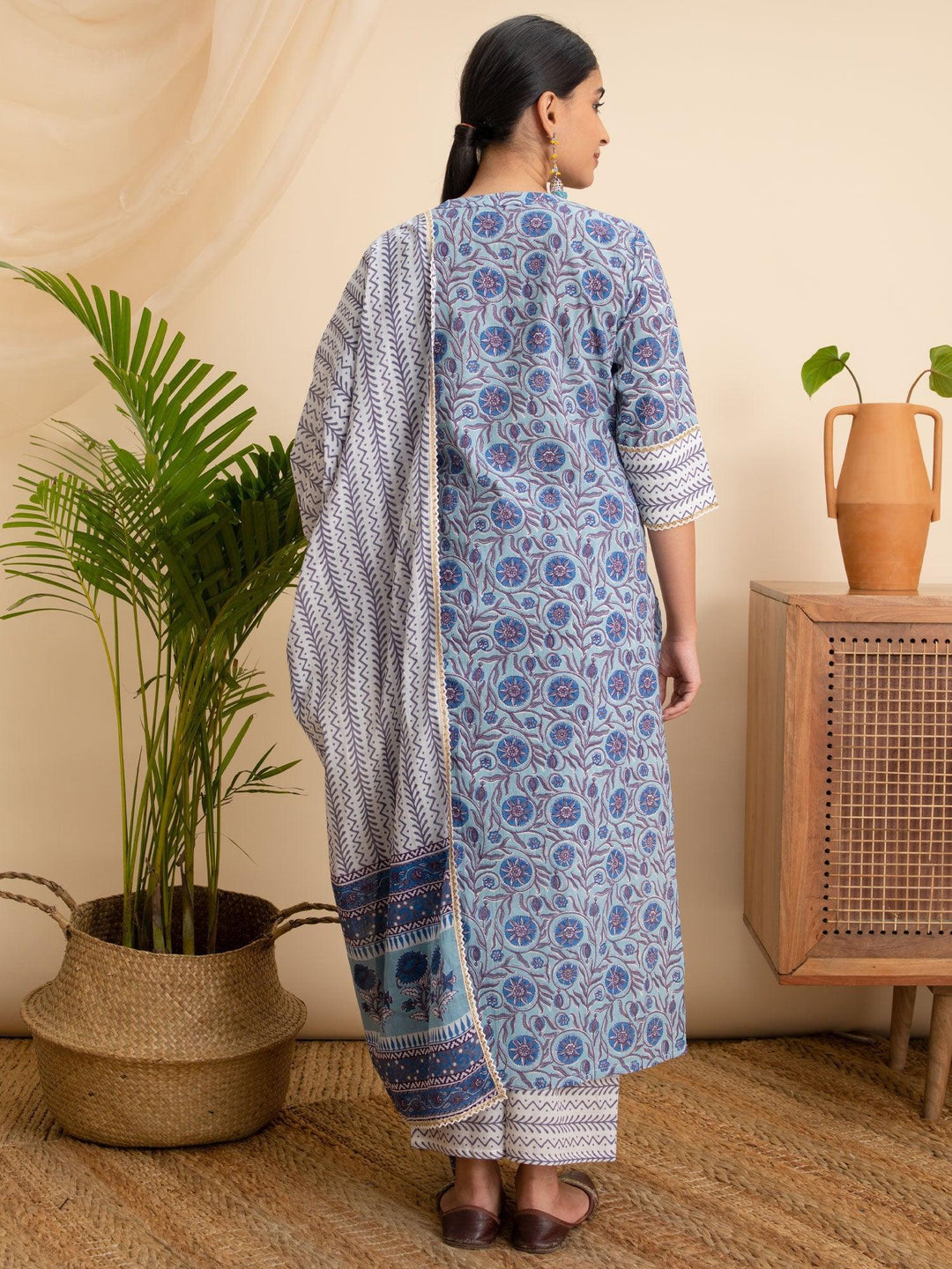 Blue Printed Cotton Suit Set - ShopLibas