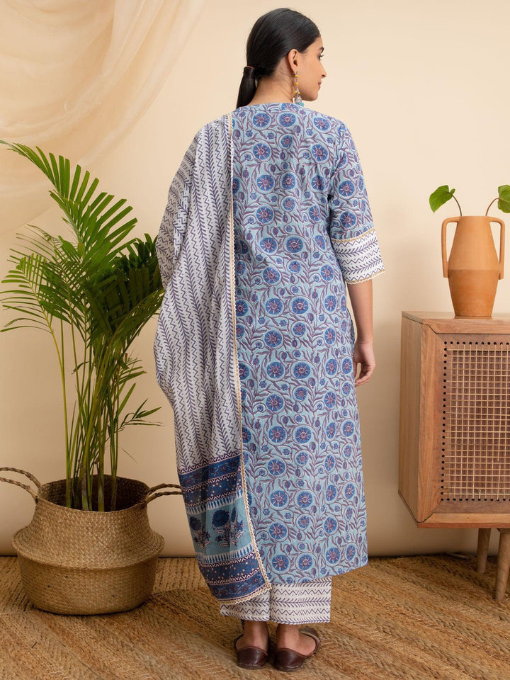 Blue Printed Cotton Suit Set