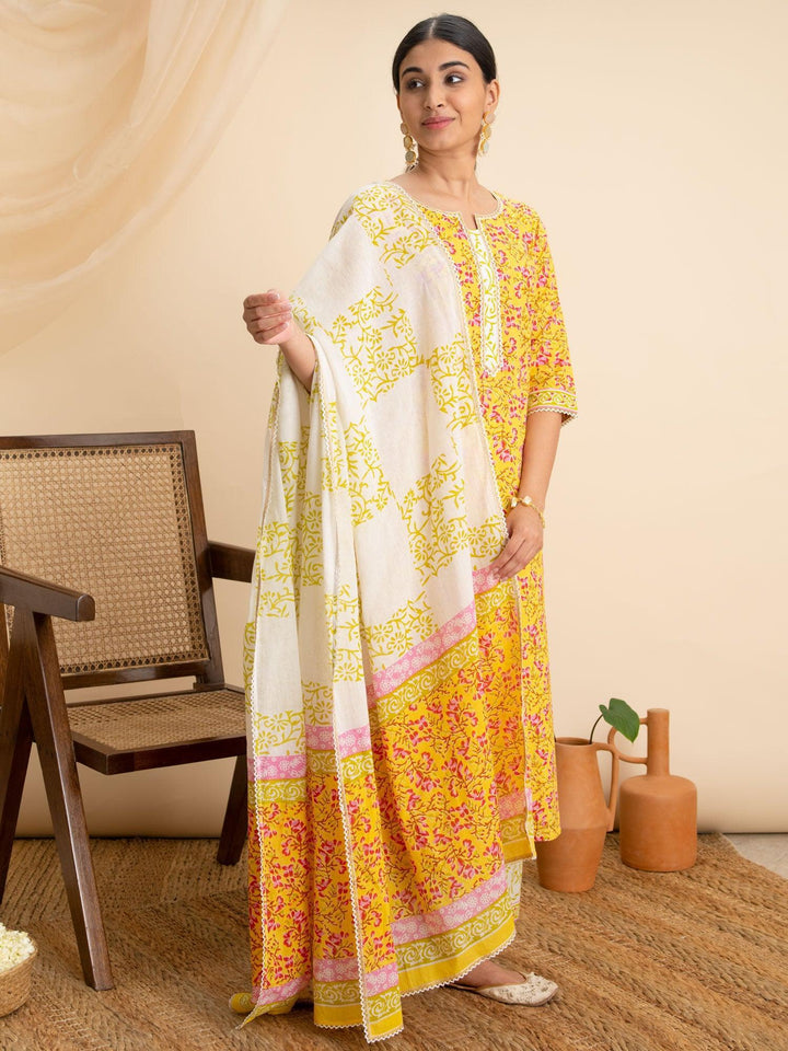 Yellow Printed Cotton Suit Set