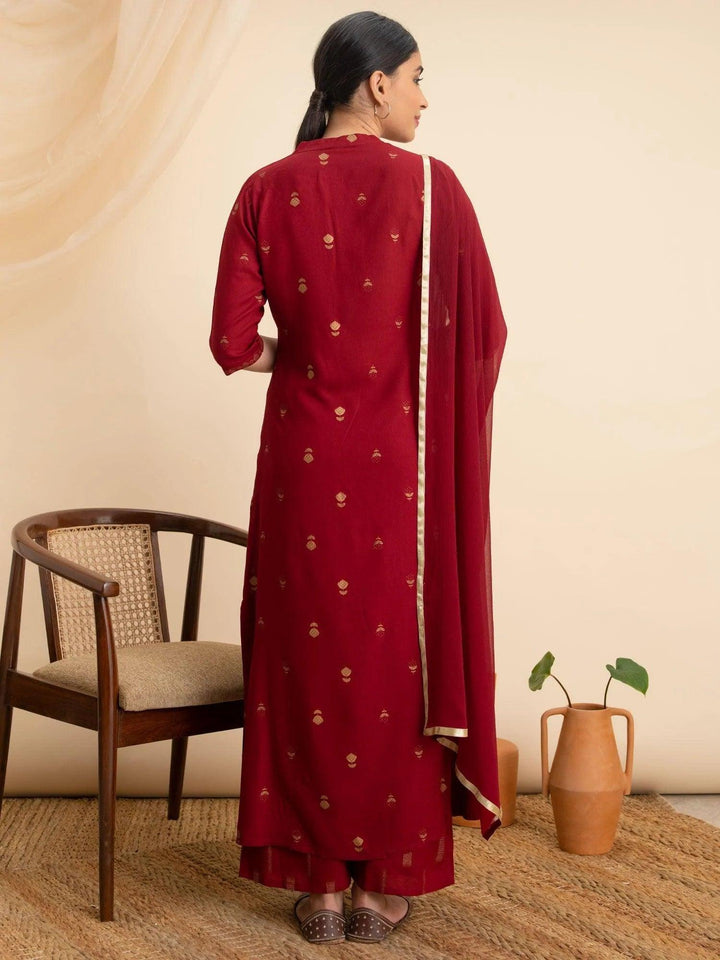 Maroon Printed Rayon Suit Set