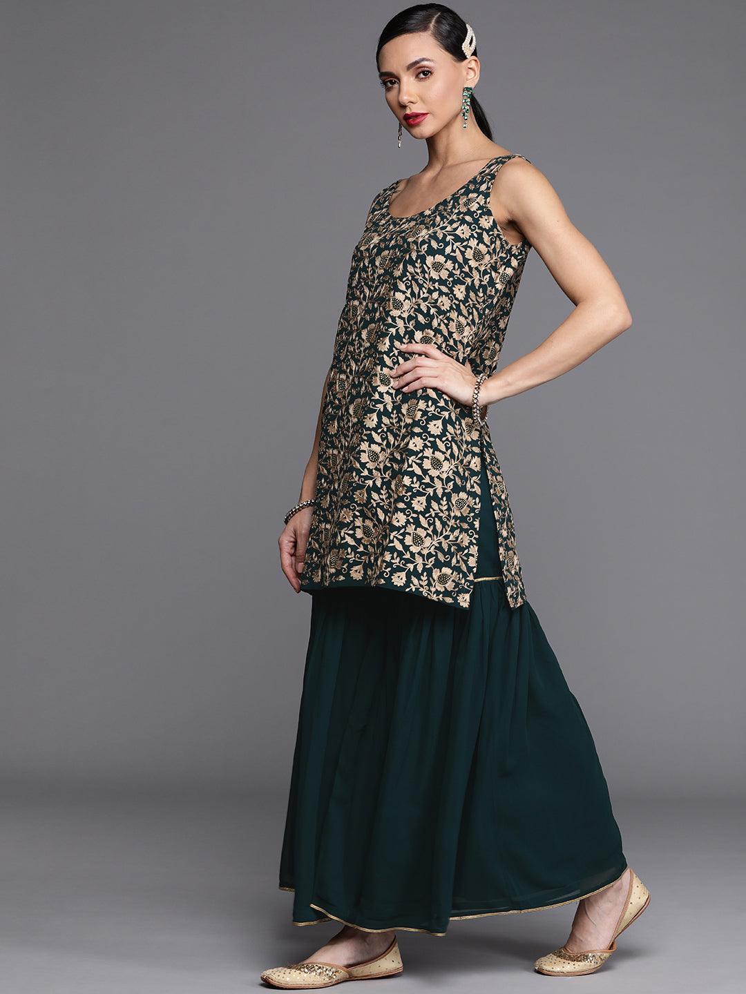 Green Embroidered Georgette Suit Set - ShopLibas