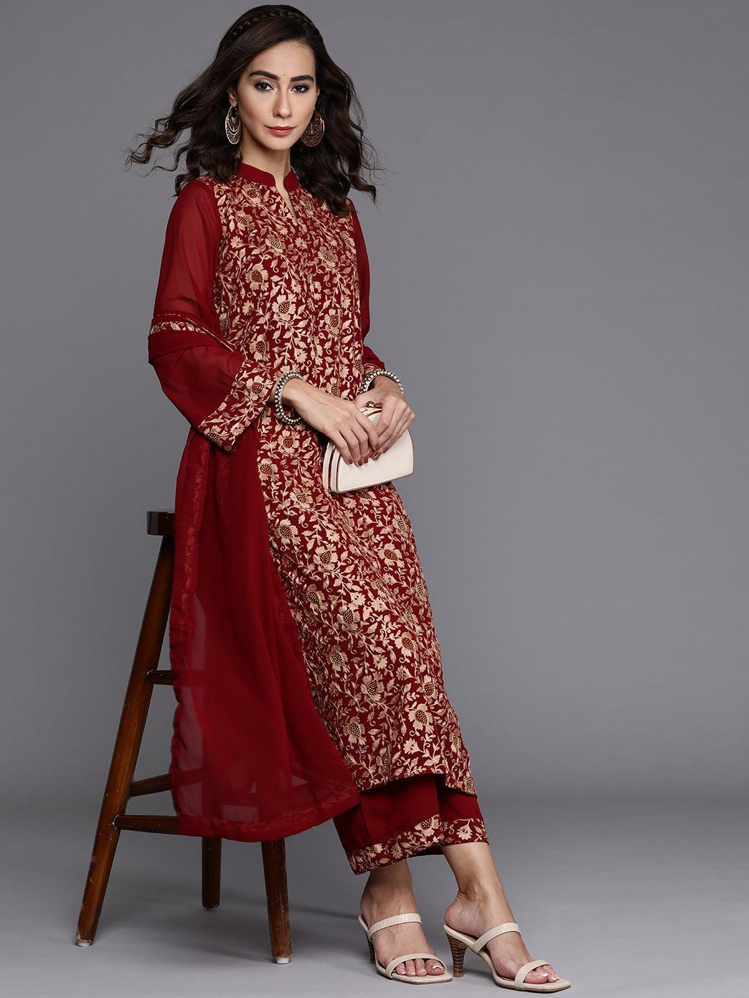 Maroon Embroidered Georgette Suit Set - ShopLibas
