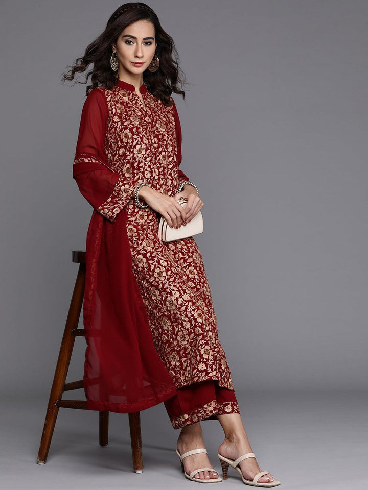 Maroon Embroidered Georgette Suit Set
