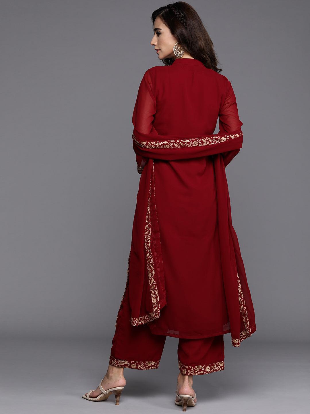 Maroon Embroidered Georgette Suit Set - ShopLibas